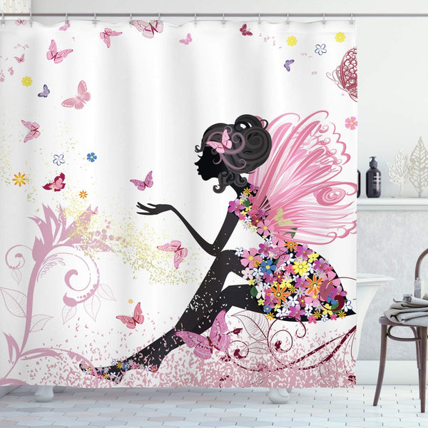 Ambesonne Girls Shower Curtain, Pink Butterfly Girl with Floral Dress, Fabric Bathroom Decor Set, 84 Inches