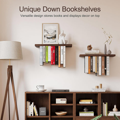 2 Pack Floating Bookshelves for Wall, Rustic Wood Hanging Wall Bookshelf, Upside Down Book Shelf and Wall Mounted