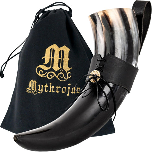 Mythrojan Viking Drinking Horn with Strap - Medieval Norse Beer Mug, Large Ale Cup 500 ml (16oz)