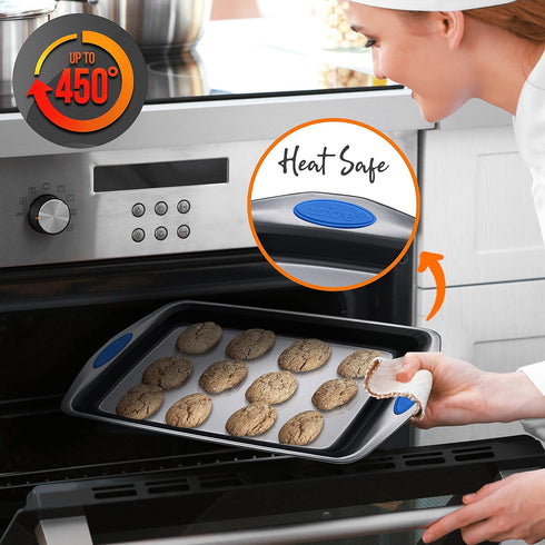 NutriChef 2-Piece Nonstick Baking Pan Set - Black Carbon Steel Bakeware with Silicone Handles, Dishwasher Safe