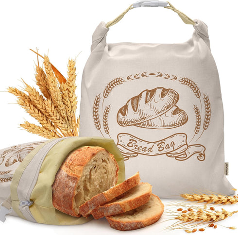 NIKKOUR Large Linen Beeswax Bread Bags(2 Pack) Sourdough Bread Bags Reusable Double-Lock Freezer