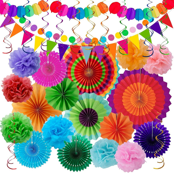 Huryfox 33pcs Fiesta Party Decorations - Colorful Mexican Themed Hanging Paper Fans, Pom Poms, and Streamers