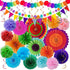Huryfox 33pcs Fiesta Party Decorations - Colorful Mexican Themed Hanging Paper Fans, Pom Poms, and Streamers