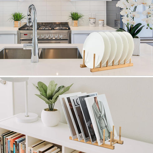 INNERNEED Bamboo Wooden Dish Rack, Vertical Plate & Lid Organizer for Kitchen Cabinet or Countertop, Drying Stand