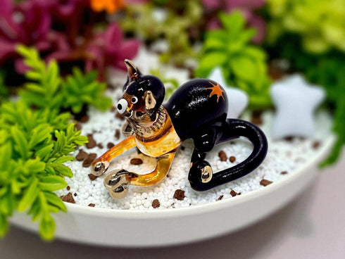 Tiny 2¼" Black Brown Crouching Play Ball Cat Figurine - Miniature Hand Blown Painted Glass