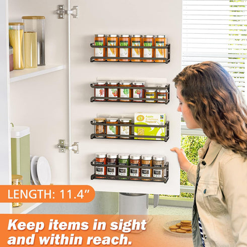 Spice Rack wall mounted 4 Pack, Space-Saving Spice Organizer for Spice Jars and Seasonings,Screw or Adhesive Hanging Spice Rack Organizer for Your Kitchen Cabinet,or Pantry Door by Bunoxea