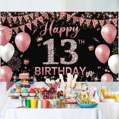 13th Birthday Decorations Backdrop Banner, Happy 13th Birthday Sign for Girls, Rose Gold Photography Background
