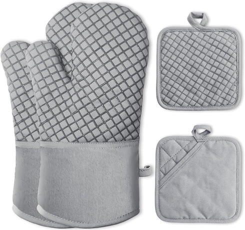 4 Pcs Oven Mitts and Pot Holders, High Heat Resistant 500 F Gloves for Baking, Cooking, Grilling (Light Gray)