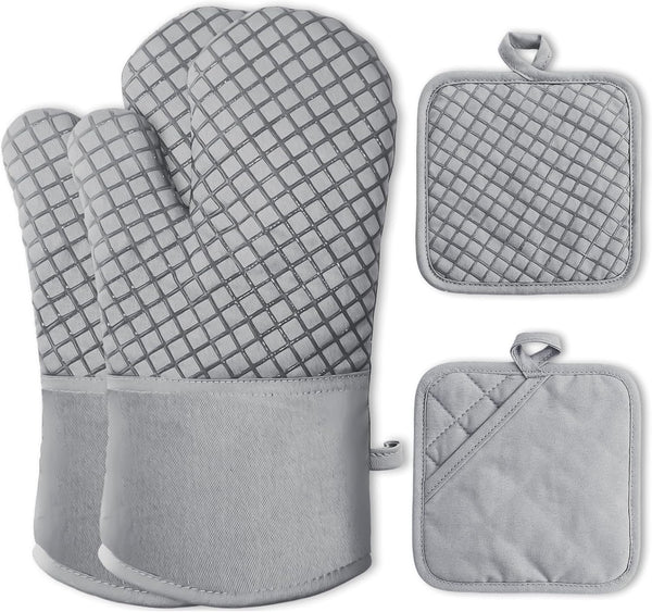 4 Pcs Oven Mitts and Pot Holders, High Heat Resistant 500 F Gloves for Baking, Cooking, Grilling (Light Gray)
