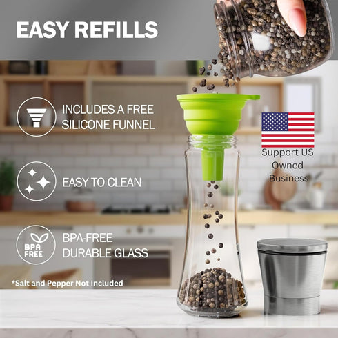 Set 2 Home EC Premium Stainless Steel Sea Salt and Pepper Grinder of - Adjustable Ceramic - Tall Glass Salt and Pepper