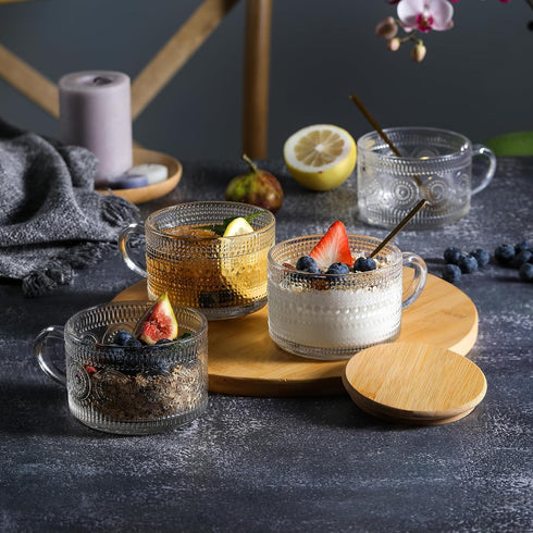 LANDNEOO Vintage Coffee Mugs Set - 4pcs 14oz Clear Glass Cups with Bamboo Lids & Spoons, Perfect Gifts for Women!
