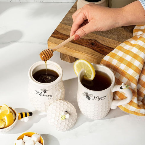 Charming Ceramic Honey Bee Jar with Wooden Dipper - Ideal for Farmhouse Decor