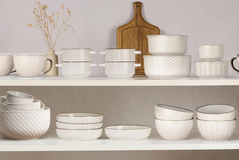 KooK Ceramic Nesting Bowls with Lids, Embossed Food Storage Containers, Set of 4, Ivory