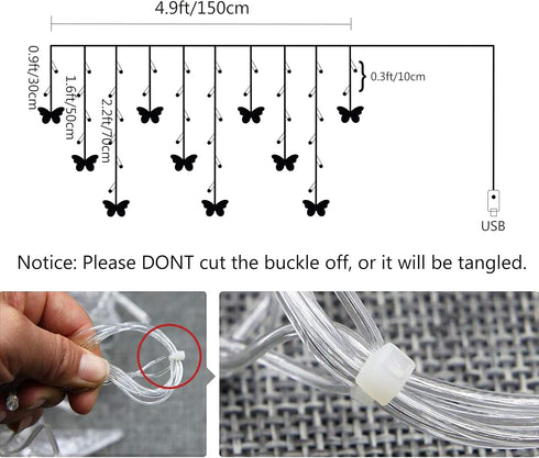 4.9ft 48 10 8 Decorman Butterfly Curtain Lights, LED USB Window Fairy Lights Butterflies Modes Firefly Twinkle String