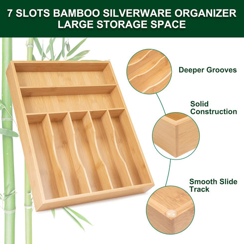Bellsal 12.5 Inch Natural Utensil Organizer for Drawer, Bamboo Cutlery Holder with 7 Compartments