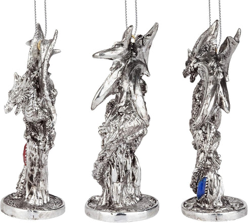 Design Toscano 3 Dragons of The Amesbury Holiday Gemstone Ornament Set, Silver, Christmas