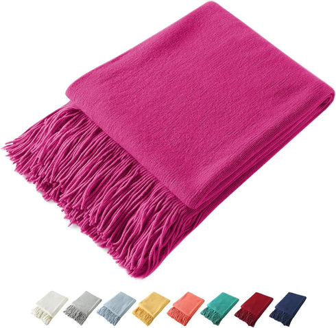 Homiest Decorative Knitted Throw with Fringe, Lightweight Acrylic Knit Blanket, Soft & Cozy