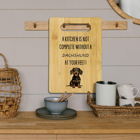 Dachshund Gifts for Women, Dachshund Cutting Board, Dachshund Kitchen Decor, a Kitchen is not Complete without a Dachshund at Your Feet Bamboo Cutting Board for Kitchen
