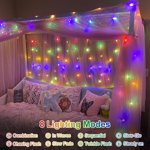 2 Pack 33ft 100 8 QITONG Battery Operated String Lights, Each LED Multicolor Christmas Lights Outdoor Waterproof, Modes