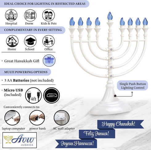 Traditional Hanukkah LED Electric Menorah, Chanukiah, Battery or USB Powered, White, 4' Micro USB Cable Included