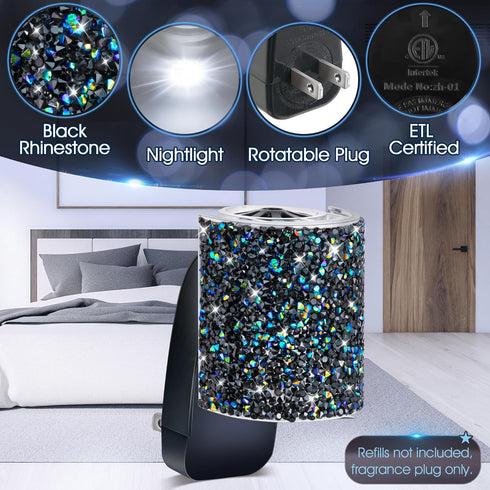 Wall Fragrance Plug in with Night Light, Compatible with Bath & Body Works WallFlower Fragrance, Wall Plug Essential Oil Diffuser with Nightlight for Home, Office, Round Rhinestone (Black) by Hohean