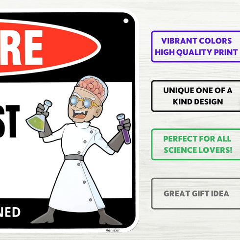 Venicor Mad Scientist Sign Decor - 8 x 12 Inches Aluminum Classroom Science Decorations, Cool Chemistry Poster