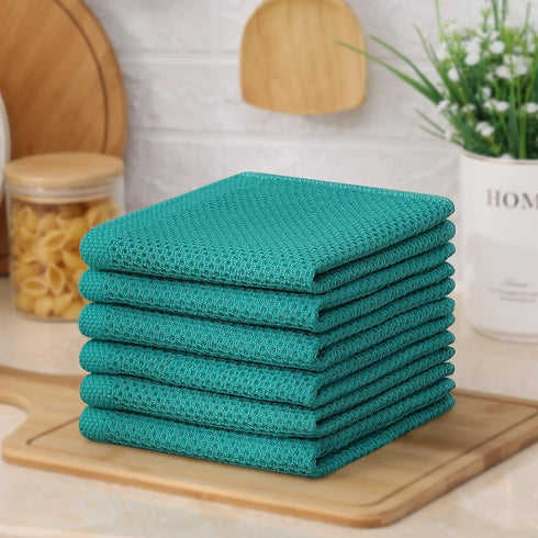 Kitinjoy 100% Cotton Kitchen Dish Cloths, 6 Pack Ultra Soft Waffle Weave Dish Towels, Teal, 12 x 12 Inches