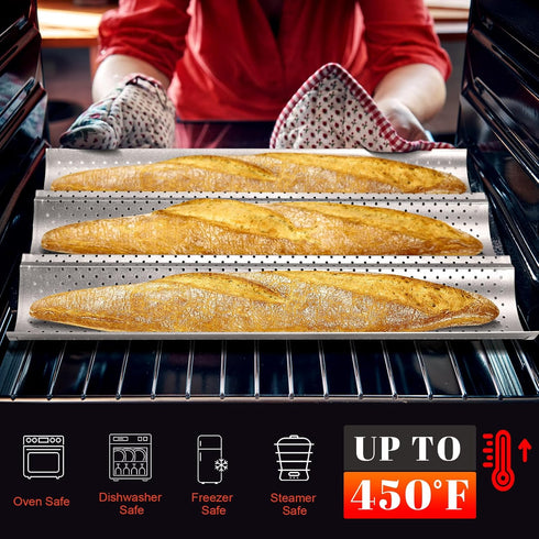 GGC 3-Loaf Baguette Bread Pan, Nonstick Perforated Grade Coating for Baking Crispy Baguettes