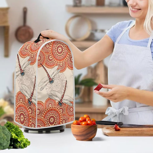 Dragonfly Floral Blender Cover, Orange Mandala Stand Mixer Cover with Top Handle, Personalized Coffee Machine Dust