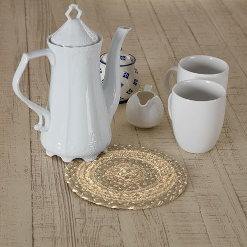 VHC Brands Cobblestone Trivet Hot Pad for Pots Pans, Tan Grey White, Jute Blend, Round Circle, 8 Inches