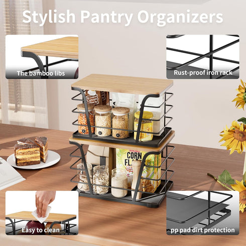 2 Pack Potato and Onion Storage Bins, Stackable Kitchen and Pantry Organizer with Bamboo Top & Lightweight PP Mat