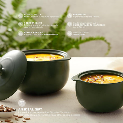 Minh Long 1qt Green Porcelain Cooking Pot, Dutch Oven, Casserole Dish with Lid, Compatible with Gas & Infrared Cooktop