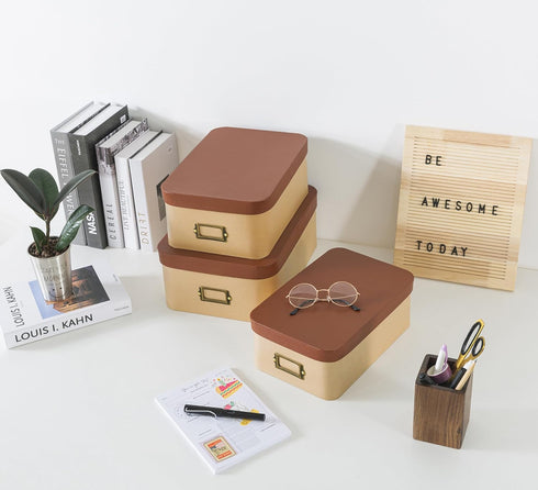 Soul & Lane Kraft Decorative Boxes - Set of 3, Cardboard with Light Leather Lids, Bronze Label Holders for Home Decor