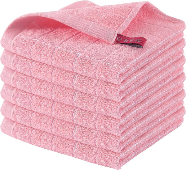 Homaxy 100% Cotton Terry Kitchen Dish Cloths - Ultra Soft and Absorbent 6 Pack, 12 x 12 Inches, Pink