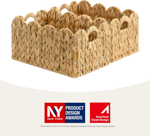 13"L 8"W 7"H StorageWorks Scalloped Water Hyacinth Baskets, Hand-woven Rattan Baskets with Built-in Handles, Cute Baby