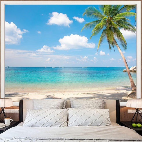 Leeisysme Beach Landscape Tapestry, Tropic Ocean Sea Island Palm Tree Seaside Tapestries for Living Room Summer Window Wall Hanging 60×80 Inch