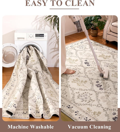 5x7 YIHOUSE Washable Area Rugs for Bedroom Girls, Beige Floral Rug for Living Room Non Slip Ultra-Thin, Large Boho