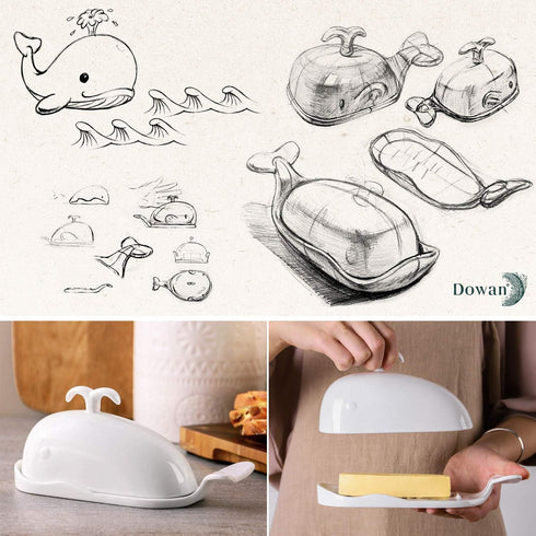 DOWAN Porcelain Butter Dish With Cutting Measuring Line, Large Whale Butter Dish with Cover of Non-slip Design, Ceramic