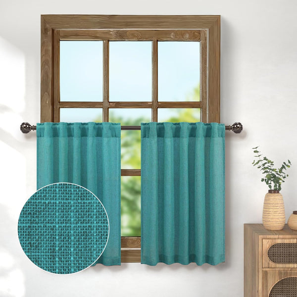 Teal Country Kitchen Curtains for Small Windows 30 Inch Length 2 Tier