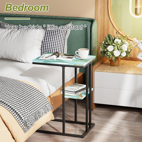 Katrawu C Shaped End Side Table, Couch Sofa Table for Small Space, Snack Table with Metal Frame, TV Tray Table for Bed