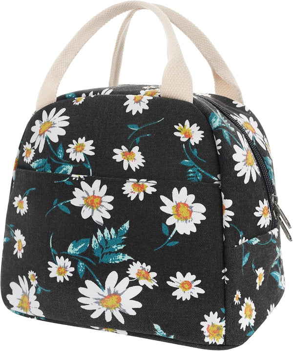 EurCross Women's Lunch Bags for Work, Chic Floral Daisy Pattern Canvas Insulated Black Lunch Tote Bag Carrier
