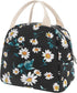 EurCross Women's Lunch Bags for Work, Chic Floral Daisy Pattern Canvas Insulated Black Lunch Tote Bag Carrier