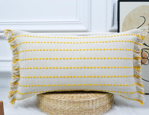 Decorative Farmhouse Fringed Long Lumbar Throw Pillow Cover 16 x 26,Clasic Striped