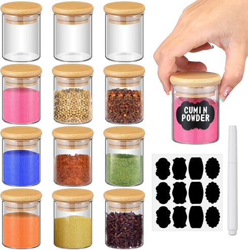 Glass Spice Jars with Bamboo Airtight Lids, Clear Storage Bottles for Kitchen, Spice, Herbs, 12 Pcs, 2.5 oz