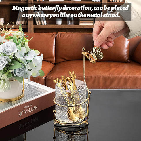 ELLDOO Coffee Spoon Set with 8 Gold Leaf Stainless Steel Spoons and Clear Glass Holder for Mixing