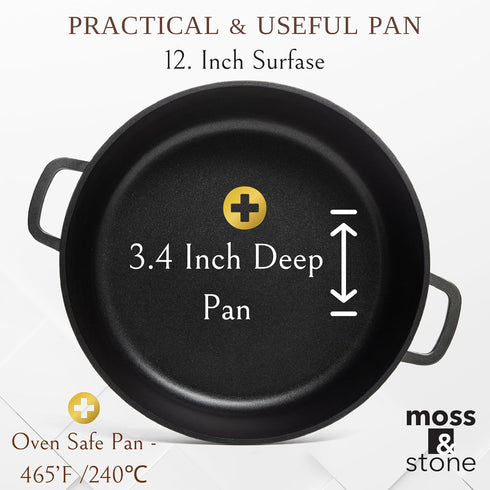 Moss & Stone 12 Inch Large Skillet with Lid, 5 Quart Nonstick Deep Frying Pan, Dishwasher & Oven Safe, PFOA Free