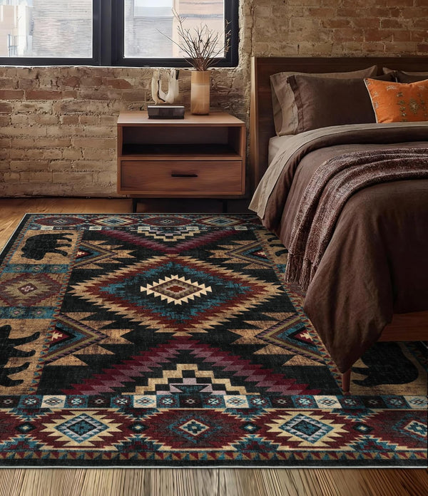 YIHOUSE Rustic Cabin Area Rug 4x6,Machine Washable Lodge Bear Rug,Non-Slip Low Pile
