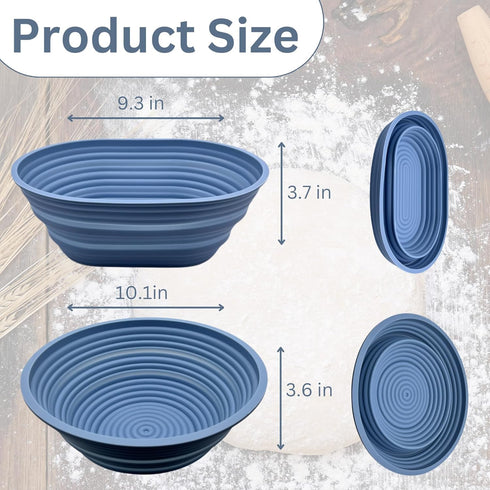 Set of 2 Blue Benaton Silicone Sourdough Bread Proofing and baking Baskets, Foldable Bowls for Sourdough Bread, Oven and Dishwasher Safe, 9.5 inch Oval & Round, Gifts for Bakers by Sourdough Whisper