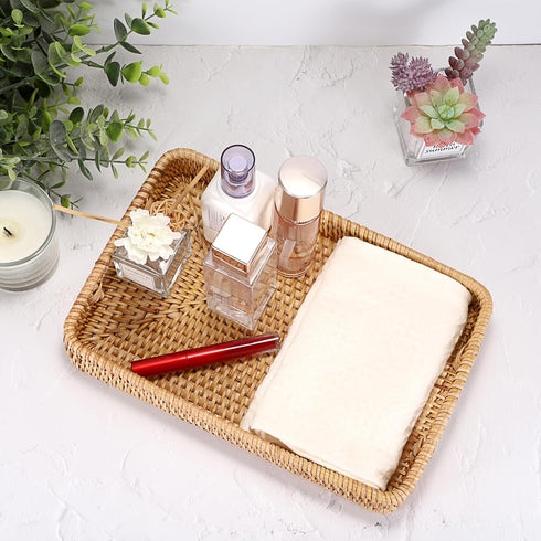 Hipiwe 11.8x7.9x1.8inch Rattan Serving Tray Hand Woven Tray with Handles Rattan Rectangular Basket Trays for Storage