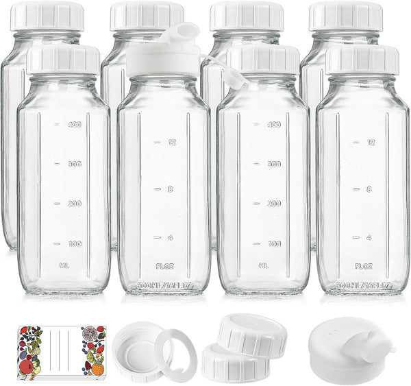 8 Pack 16 Oz Reusable Glass Milk Bottles w 100% Airtight Heavy